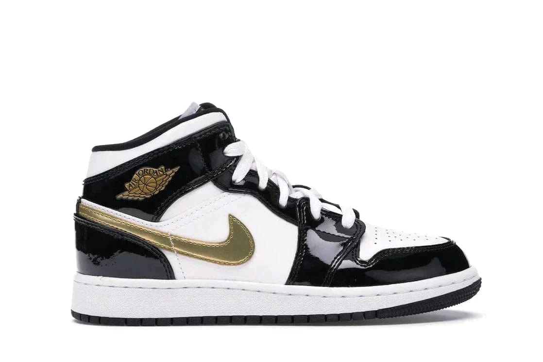 Jordan 1 Mid Patent Black White Gold GS